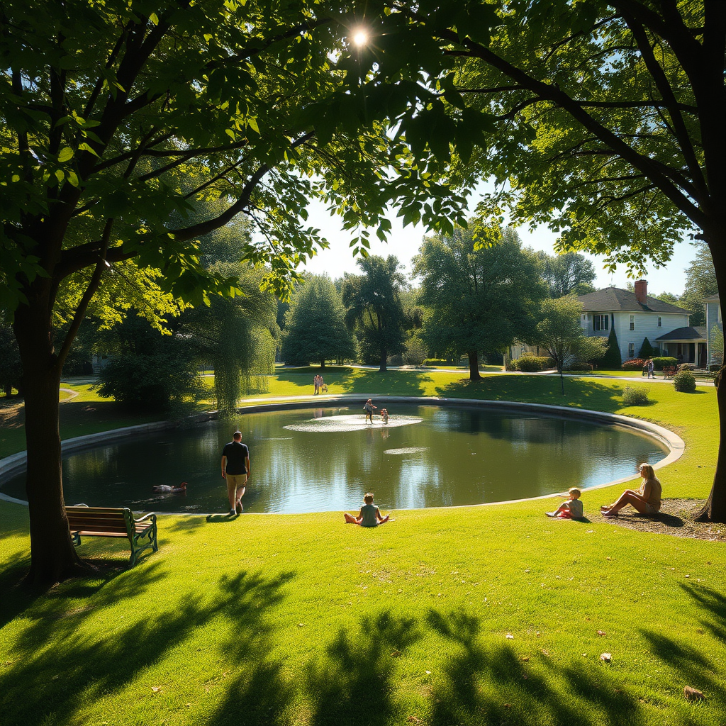 A serene image of a park in the neighborhood. Lush greenery surrounds a peaceful pond, with people relaxing on benches and children playing on the grass. Sunlight filters through the trees, creating dappled shadows. Focus on the tranquility and natural beauty of the scene. The camera angle should be a wide shot, capturing the entire park and the surrounding neighborhood. Hyperrealistic textures of the leaves and water.