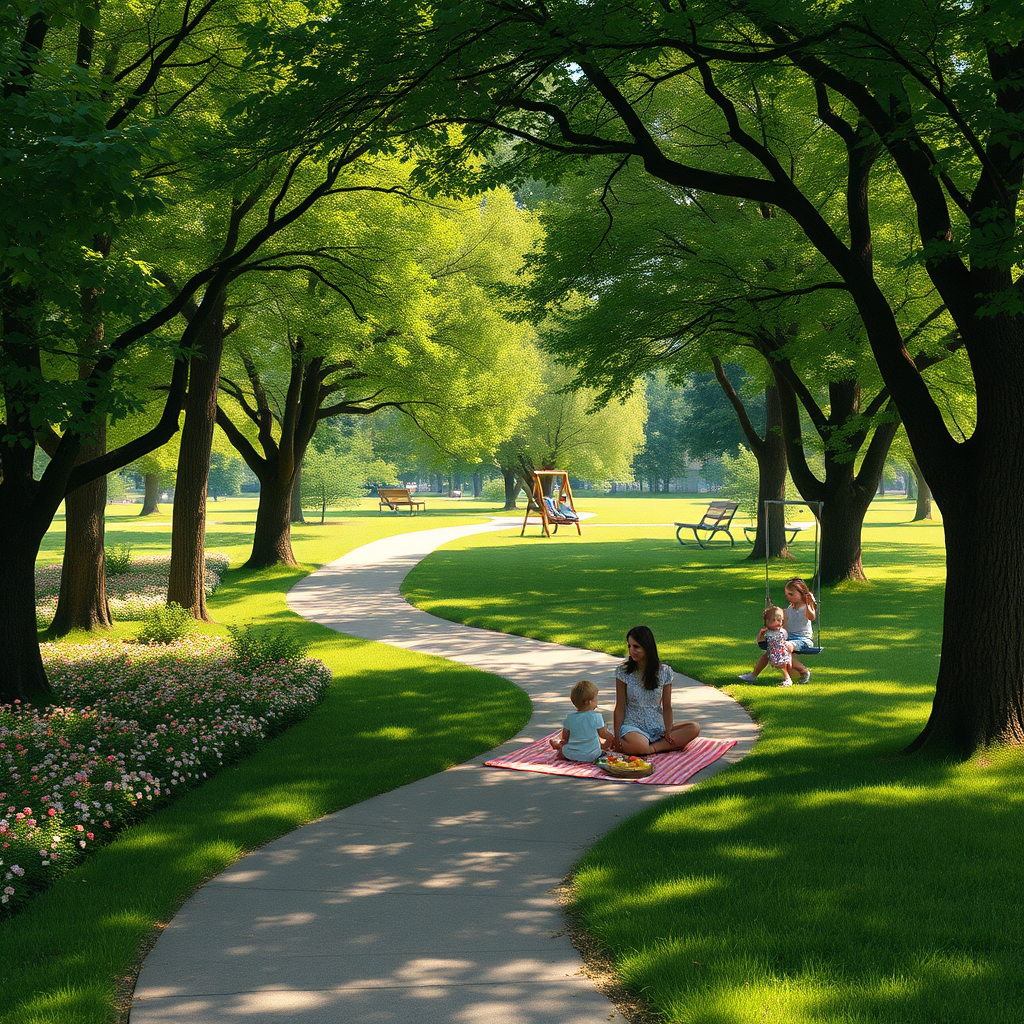 A serene park scene. A winding path leads through lush greenery. Trees provide shade, and flowers add pops of color. A family is having a picnic on a blanket, and children are playing on a swing set. The overall tone should be peaceful and relaxing. Photorealistic style, 4k resolution.