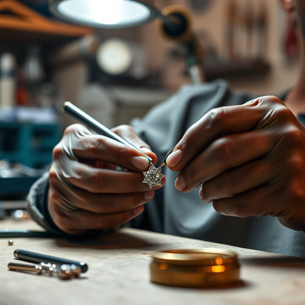 A skilled jeweler carefully repairing a delicate piece of jewelry with specialized tools. The jeweler's hands should be steady and precise, showcasing their expertise. The lighting should be bright and focused, allowing the jeweler to see every detail. The background should be a well-equipped workshop, with tools and equipment neatly arranged. The style should evoke a sense of precision and care. Technical specs: 4K resolution, photorealistic.