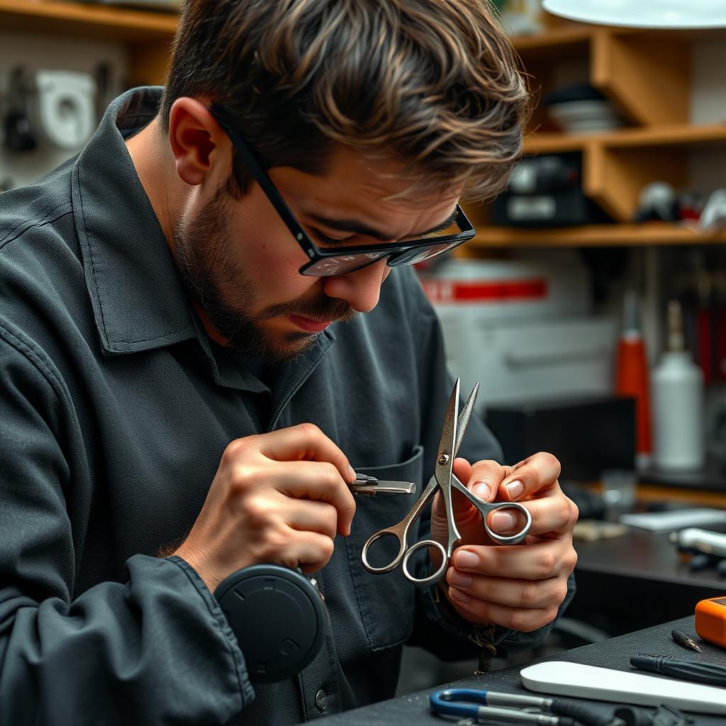 A skilled technician carefully repairing a pair of barber scissors, using specialized tools and equipment. Focus on the precision and expertise. The setting is a clean and organized repair shop. Style: Photorealistic, technical, and detail-oriented.