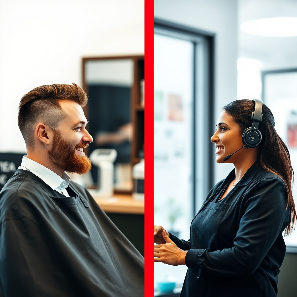 A split-screen image showing a barber on one side and a customer service representative on the other, both smiling and engaged in a friendly conversation. The image emphasizes clear communication and a positive relationship. Style: Clean, modern, and tech-focused.