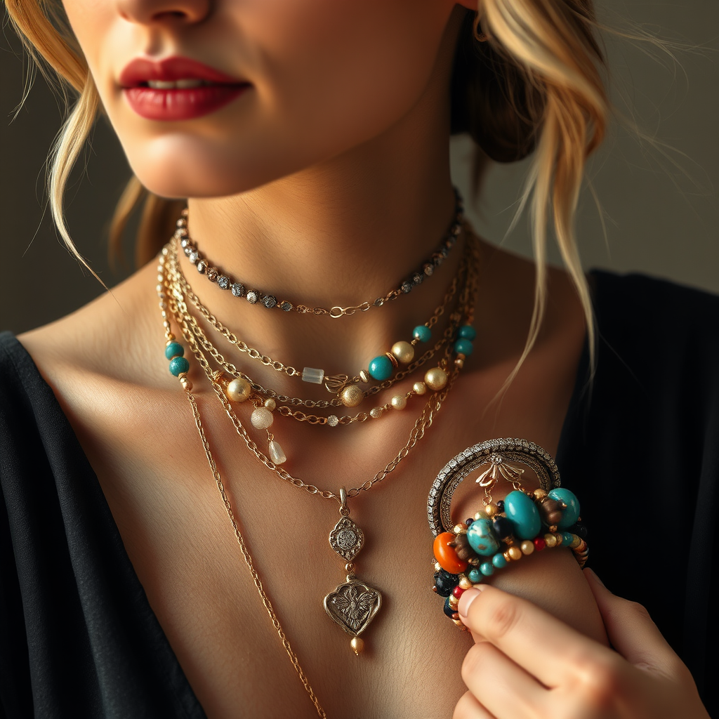 A stylish and fashionable image showcasing the art of layering jewelry. The composition should feature a woman wearing multiple necklaces and bracelets, layered in a creative and visually appealing way. The lighting should be soft and natural, highlighting the texture and detail of each piece of jewelry. The color palette should be harmonious and balanced, with a mix of metals, gemstones, and beads. The background should be blurred, focusing attention on the jewelry. The style should evoke a sense of effortless chic and personal expression. Technical specs: 4K resolution, photorealistic.