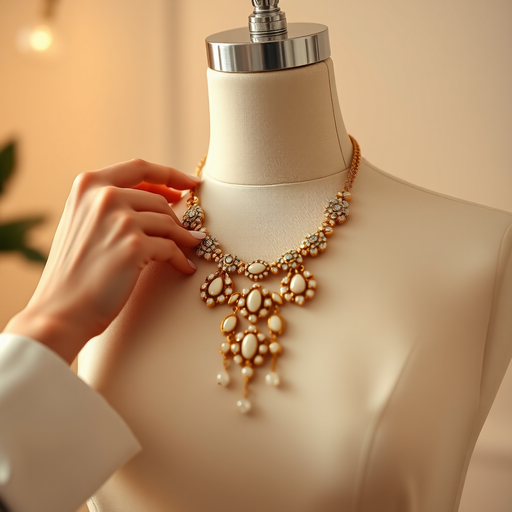 A stylized and elegant image representing the core mission of The Paparazzi Jewelry Alliance. The subject should be a hand delicately placing a statement necklace on a mannequin, symbolizing the transformative power of jewelry. Lighting should be soft and focused, highlighting the craftsmanship of the necklace. The color palette should be warm and inviting, with touches of gold and subtle pastel hues. The camera angle should be a medium shot, capturing both the hand and the necklace in detail. Texture details should emphasize the smooth, polished surfaces of the jewelry and the soft textures of the fabric. The environment should be a clean, minimalist studio setting, suggesting professionalism and attention to detail. Style reference: Incorporate elements of classic portraiture with a modern, artistic twist. Technical specs: 4K resolution, high quality rendering.