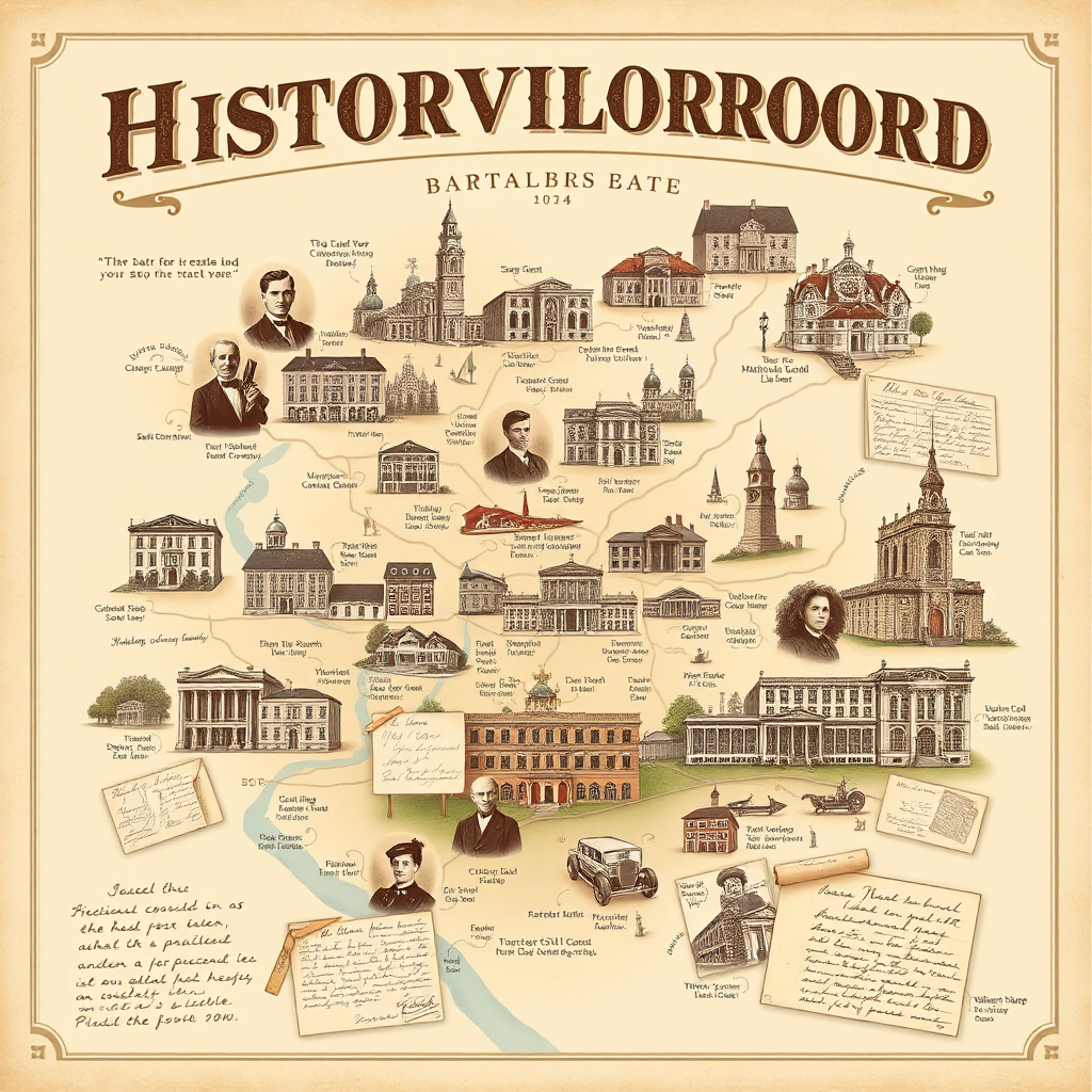 A stylized illustration of historical landmarks within a neighborhood. Depict a vintage map highlighting key buildings and points of interest, overlaid with images of historical figures and events. The color palette should be muted and sepia-toned, evoking a sense of nostalgia. The composition should be informative and visually engaging, telling the story of the neighborhood's past. Include details such as old photographs, newspaper clippings, and handwritten letters. The style should be reminiscent of a vintage travel poster, with a focus on typography and graphic design.
