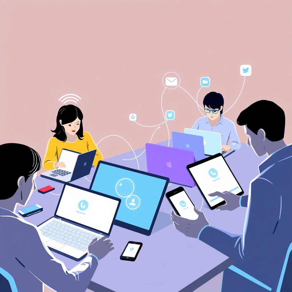 A stylized image depicting a group of people connecting online using various devices, such as laptops, tablets, and smartphones. The scene should be modern and tech-savvy, with clean lines and bright colors. Focus on capturing the concept of online connectivity, with details like the glowing screens, the wireless signals, and the social media icons. The camera angle should be slightly wide, showcasing the entire digital landscape. Style: Graphic design.