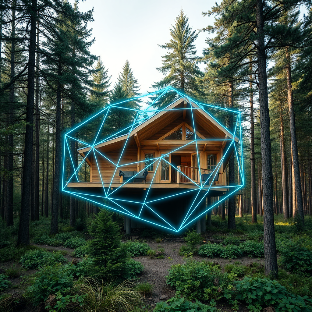 A stylized image featuring a blueprint of a modern, geometrically complex wooden structure overlaid on a photograph of a pristine forest. The blueprint lines are highlighted with a soft, blue glow, contrasting with the natural greens and browns of the forest. The camera angle should be slightly elevated, capturing the entire scene in a wide shot. The lighting should be soft and diffused, creating a sense of harmony between the man-made and natural elements. The overall style should evoke a feeling of innovation and sustainability, suggesting a commitment to creating beautiful and environmentally responsible designs.