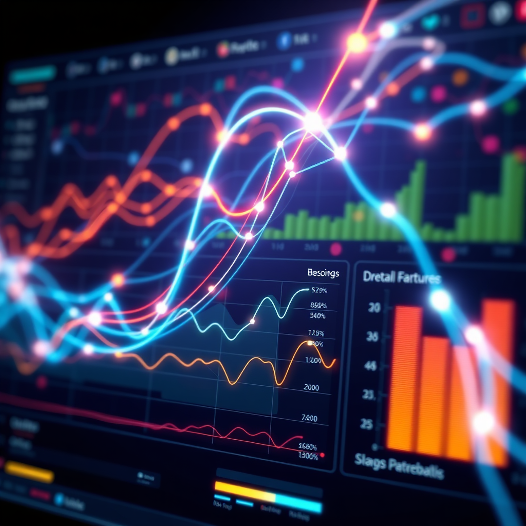 A stylized image of a dynamic dashboard displaying real-time data streams represented as glowing lines and interconnected nodes. The visualization should be modern and intuitive, with clear charts and graphs. The color palette should be vibrant and engaging, using contrasting colors to highlight key data points. Style: Data visualization with a futuristic touch.