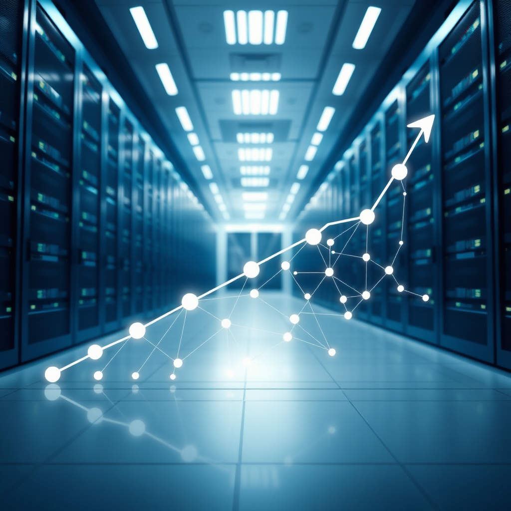 A stylized image of a graph trending upwards, composed of interconnected AI nodes, representing scalable growth. The background is a futuristic data center. Lighting should be subtle and atmospheric. Color palette: cool blues, whites, and grays. Camera angle: wide shot. Technical specs: 4K, detailed textures.