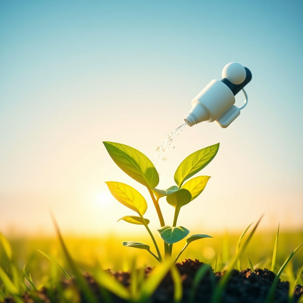A stylized image of a growing plant, with leaves shaped like dollar signs, watered by an AI agent icon. The background is a bright, sunny field. Lighting should be warm and inviting. Color palette: greens, yellows, and blues. Camera angle: low angle. Technical specs: 4K, vibrant colors.