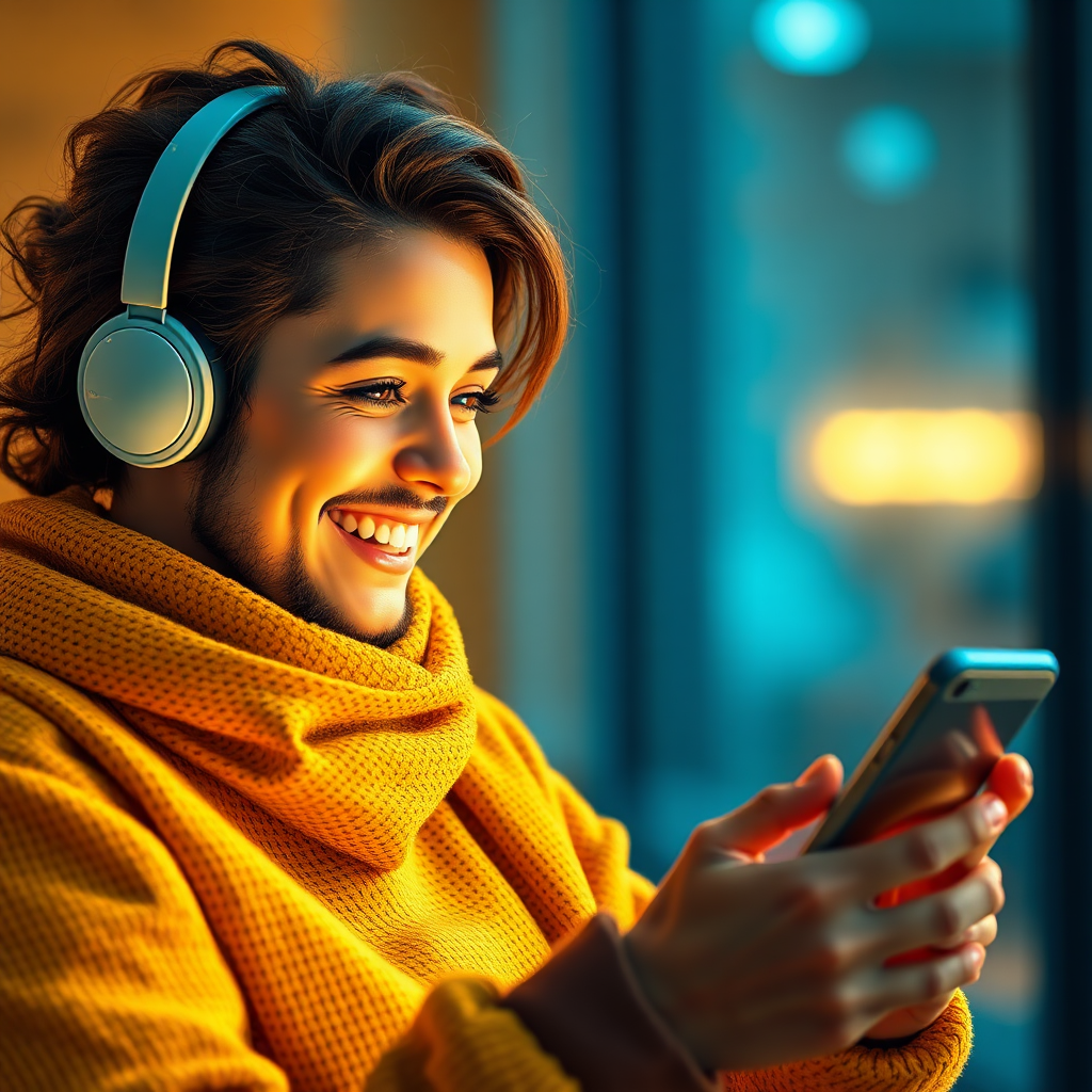 A stylized image of a happy customer interacting with an AI agent on a mobile device. Lighting should be warm and friendly. Color palette: yellows, oranges, and blues. Camera angle: close-up. Technical specs: 4K, vibrant colors.