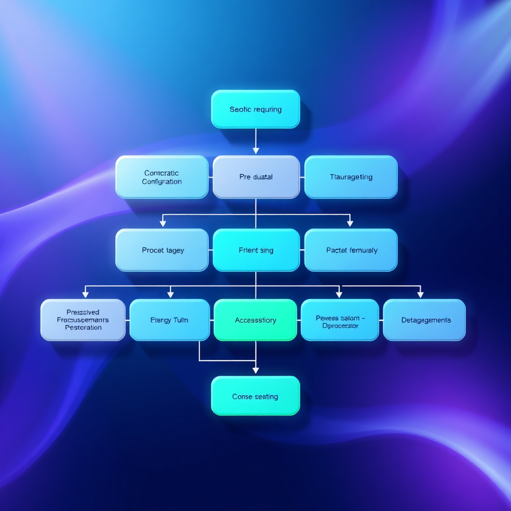 A stylized image of a sales process flowchart being seamlessly executed by an AI agent. Lighting should be dynamic and flowing. Color palette: blues, purples, and greens. Camera angle: overhead. Technical specs: 4K, smooth animations.