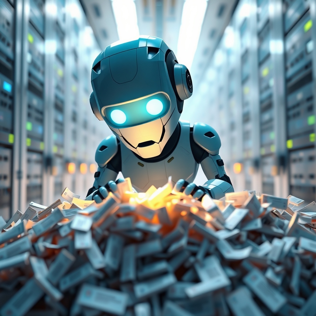 A stylized image of an AI agent icon sifting through a pile of leads, highlighting the qualified ones with a glowing light. The background is a futuristic data center. Lighting should be focused and precise. Color palette: blues, greens, and whites. Camera angle: close-up. Technical specs: 4K, detailed textures.