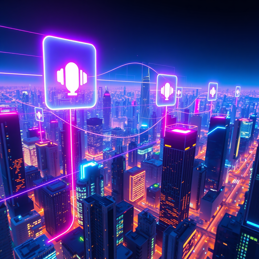 A stylized image representing the core mission of Ai Agents. The subject is a futuristic cityscape with glowing lines representing communication channels. Overlaid on the city are holographic representations of AI voice and chat icons. The lighting is vibrant and energetic, with neon colors highlighting the flow of information. The color palette should be dominated by electric blues, greens, and purples, evoking a sense of technological advancement. Camera angle: a wide shot, capturing the scale and interconnectedness of the AI network. Details should include intricate patterns within the holograms and reflections on the buildings. Style references: Cyberpunk art, futuristic cityscapes. Technical specs: 4K resolution, high-quality rendering, HDR lighting.