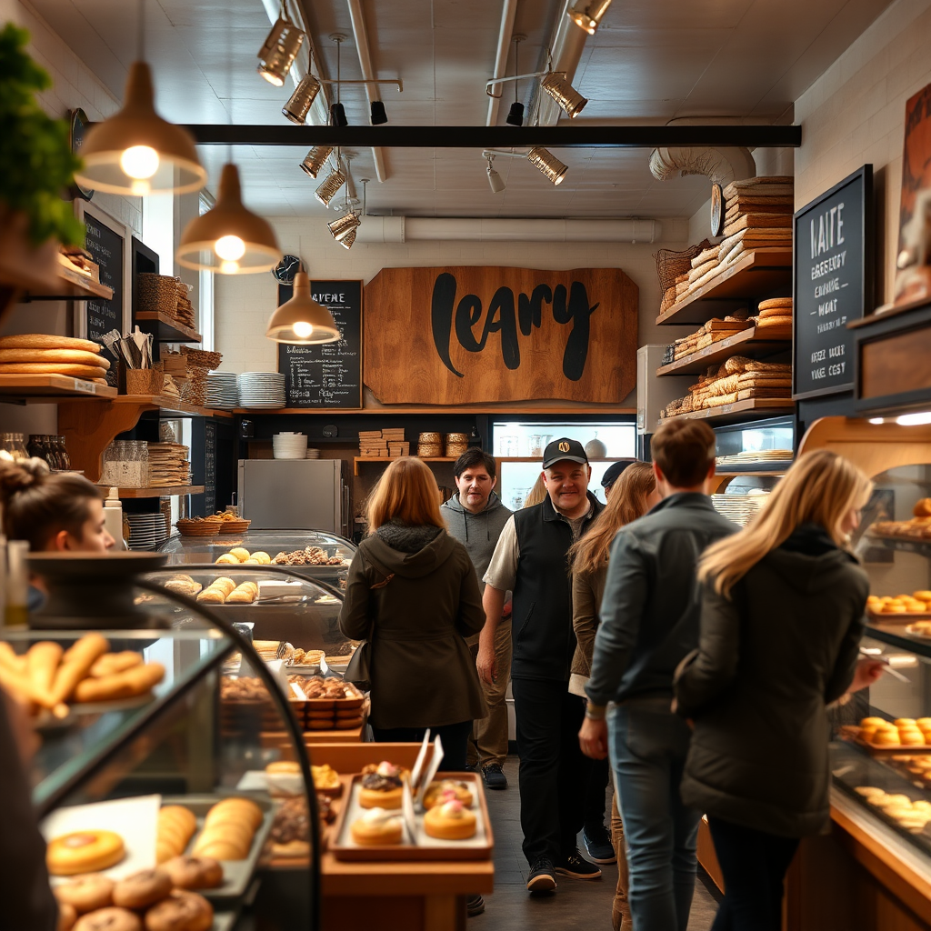 A thriving local bakery, full of delicious pastries and happy customers. Showcase the artisanal goods and friendly atmosphere. Use warm, inviting lighting.