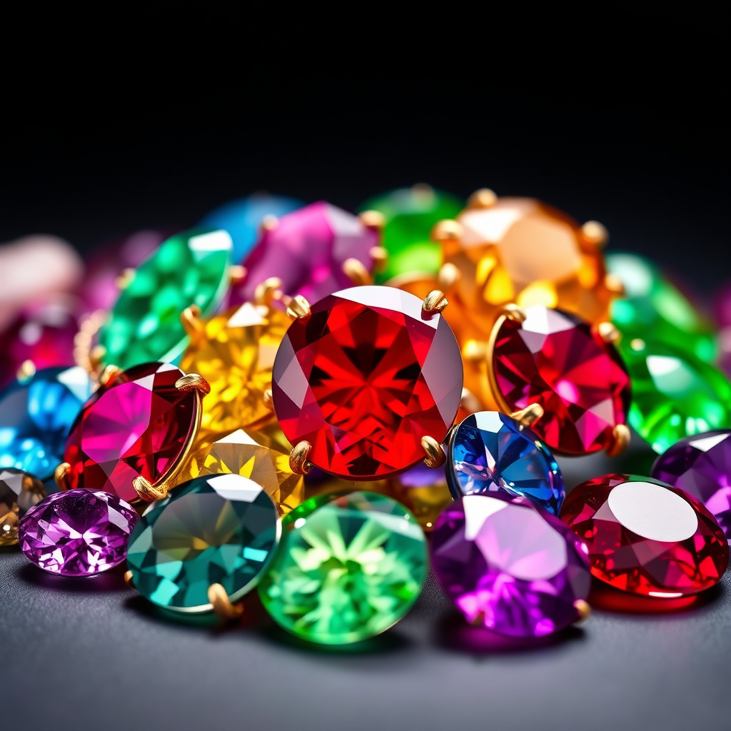 A vibrant and colorful image showcasing a collection of gemstone jewelry. The composition should feature a variety of gemstones, including rubies, sapphires, emeralds, and amethysts, arranged in an eye-catching pattern. The lighting should be bright and focused, highlighting the sparkle and brilliance of each gemstone. The color palette should be rich and saturated, with complementary colors that enhance the gemstones' beauty. The background should be dark and uncluttered, allowing the gemstones to stand out. The style should evoke a sense of glamour and luxury. Technical specs: 4K resolution, photorealistic.
