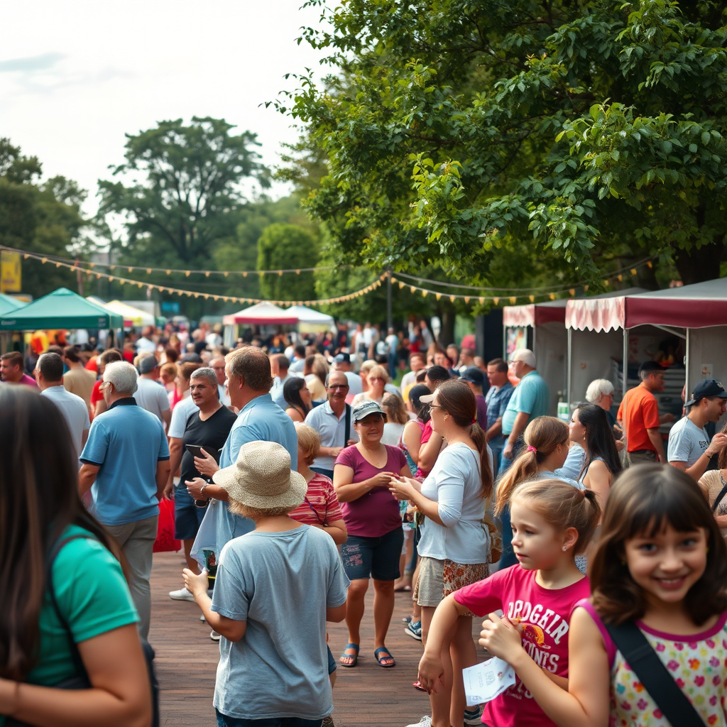 A vibrant image capturing a community event in a local park. The scene is filled with people enjoying live music, food stalls, and family-friendly activities. Focus on capturing the energy and excitement of the event, with bright colors and dynamic compositions. Include details like the sound of music, the smell of food, and the sight of smiling faces. The camera angle should be slightly elevated, providing a wide view of the scene. Style: Event photography.