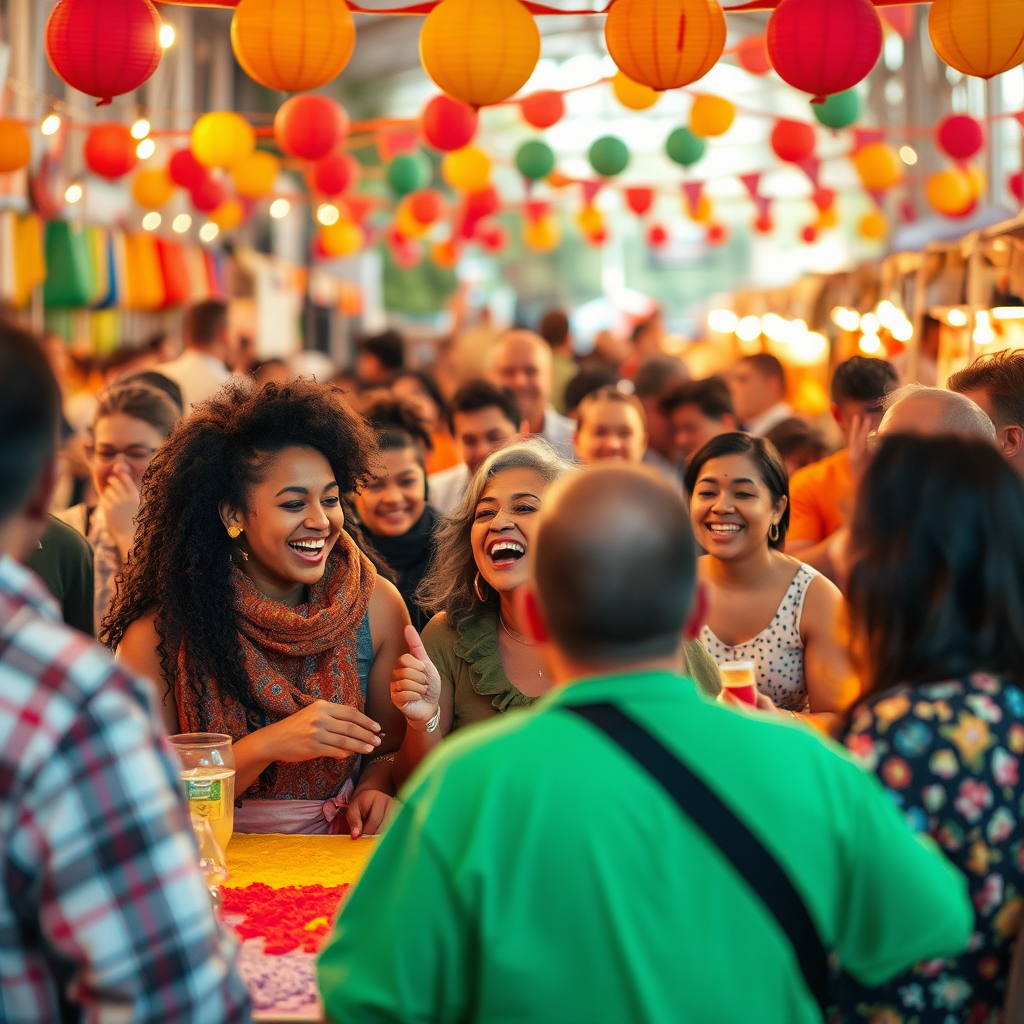 A vibrant image capturing the energy of a successful community event. The scene includes diverse people, colorful decorations, and joyful interactions. Focus on capturing the excitement and inclusivity of the event, using bright colors and dynamic compositions. Include elements such as food stalls, live music, and games for all ages. The lighting should be warm and inviting, enhancing the sense of community.