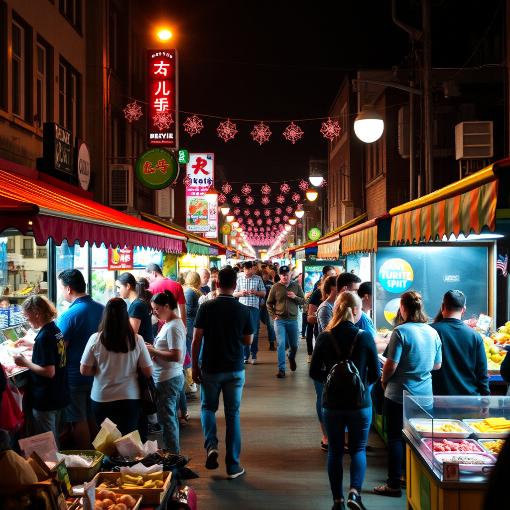 A vibrant image of a street fair with people enjoying food, music, and games. The lighting is warm and festive, creating a lively atmosphere. Include stalls with local crafts and foods.