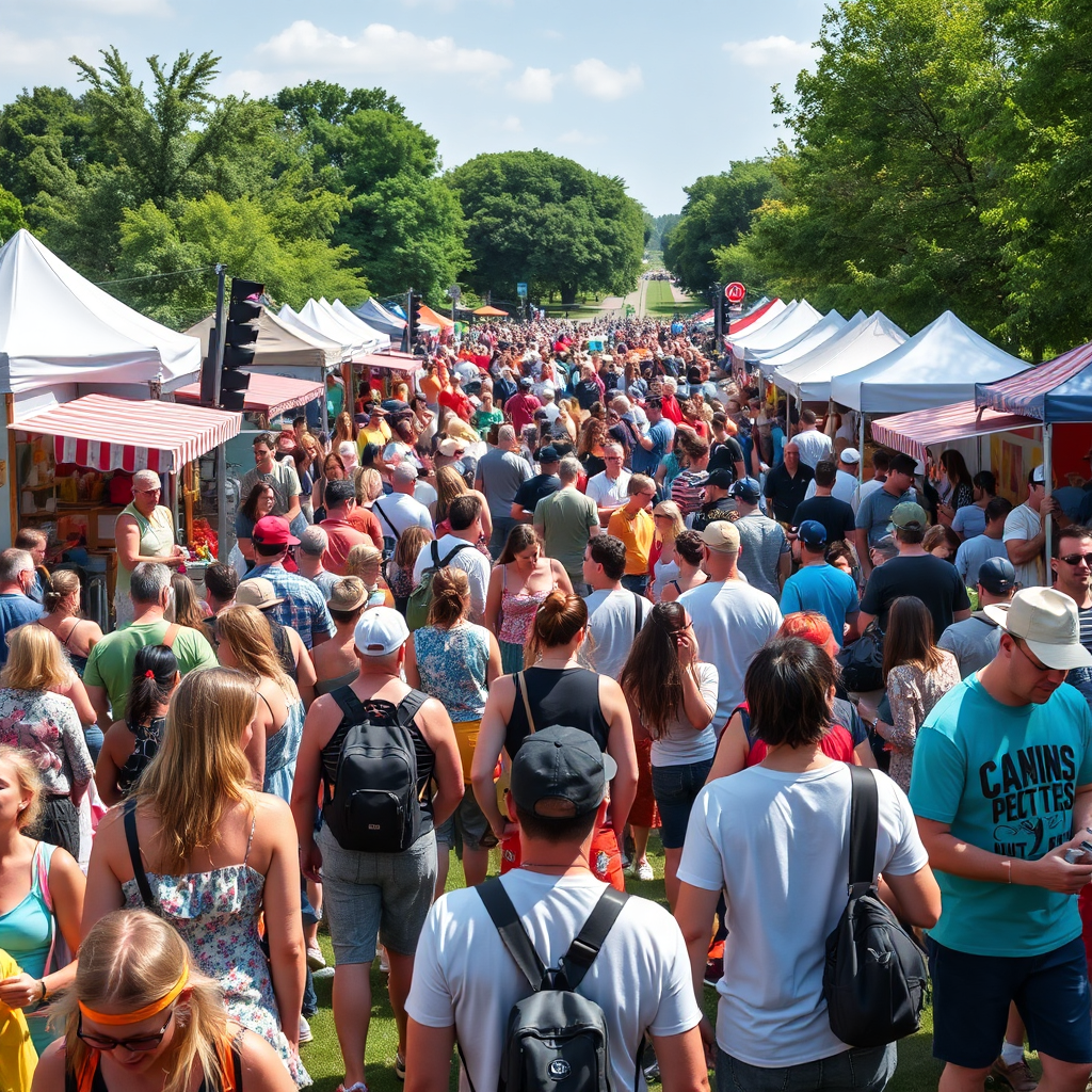 A vibrant image showing a diverse crowd enjoying a summer festival in a park, with food stalls, live music, and activities for children. Capture the energy and excitement of the event.