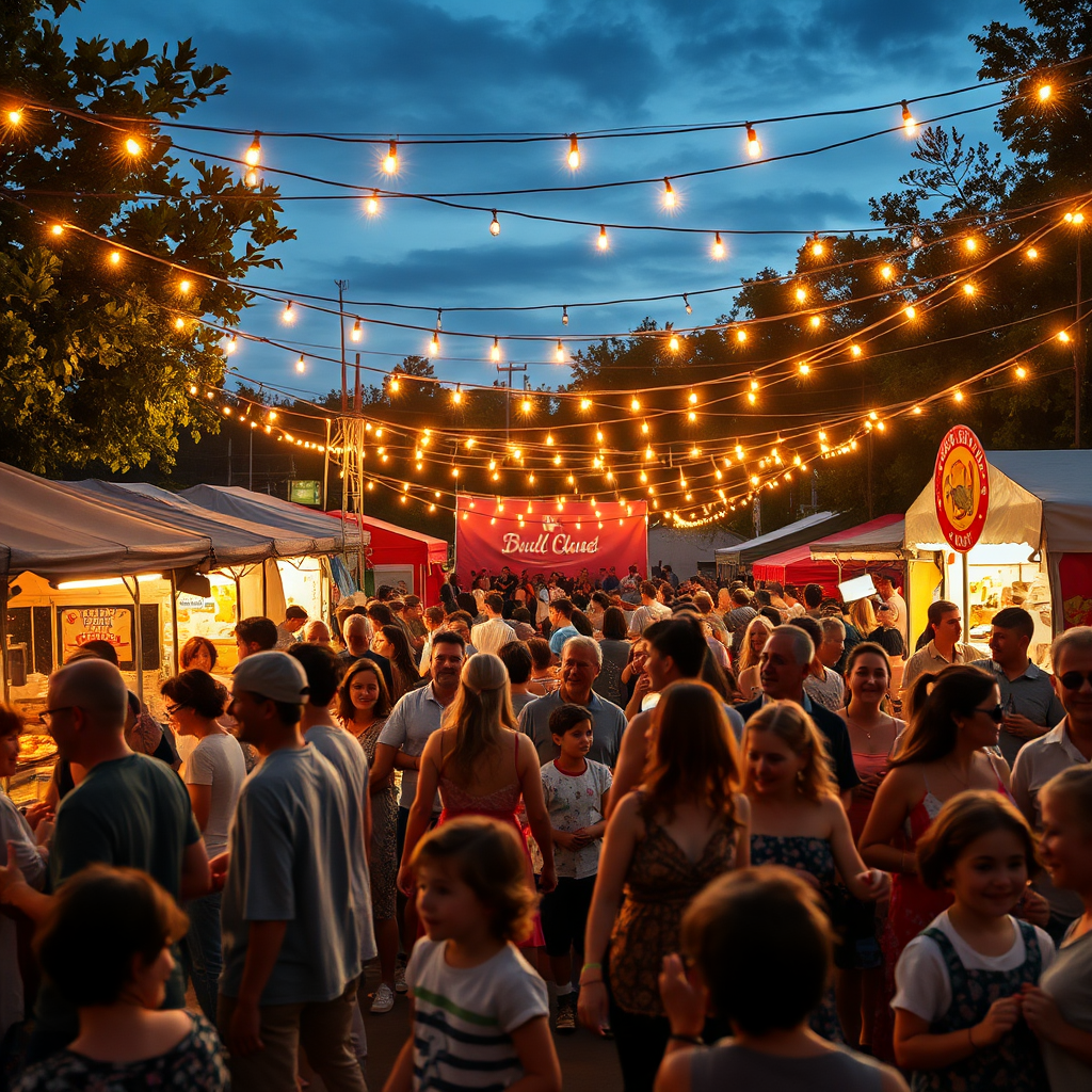 A vibrant scene of a community festival at dusk. String lights illuminate food stalls, game booths, and a central stage where a band is playing. People of all ages are laughing, dancing, and enjoying the festivities. The lighting should be warm and festive. Use a wide-angle lens to capture the breadth of the event. The style should be photorealistic, with attention to detail in the clothing, decorations, and food.
