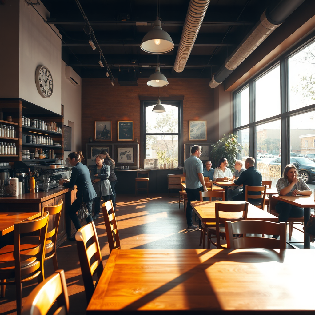 A warm and inviting cafe interior. Sunlight streams through the windows, illuminating the wooden tables and chairs. Baristas are preparing drinks behind the counter, and customers are chatting and laughing. Focus on capturing the cozy and welcoming atmosphere. Photorealistic style, 4k resolution.