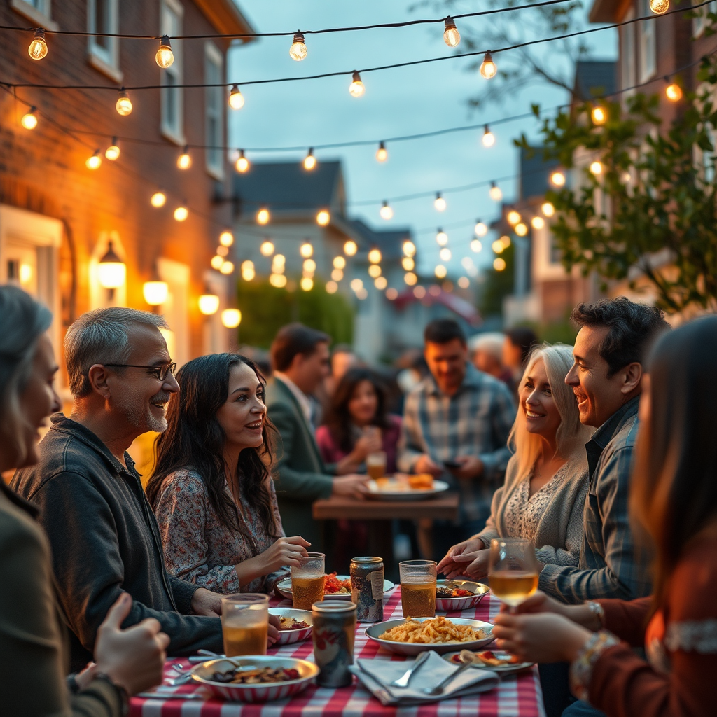 A warm, inviting image of a neighborhood block party. Neighbors are gathered, sharing food, laughing, and enjoying each other's company. String lights illuminate the scene, creating a festive atmosphere. Focus on the genuine connections and shared joy of the community. The camera angle should be a medium shot, capturing the expressions of the people and the warmth of the scene. Hyperrealistic rendering.