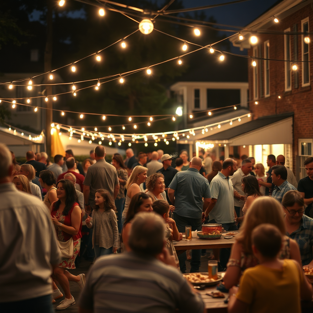 A warm, photorealistic image capturing a neighborhood block party in full swing. Strings of lights crisscross overhead, casting a soft, festive glow. Neighbors of all ages are laughing, dancing, and sharing food at picnic tables. The composition focuses on the joyful interactions between people. Style references: documentary photography of street festivals and community gatherings.