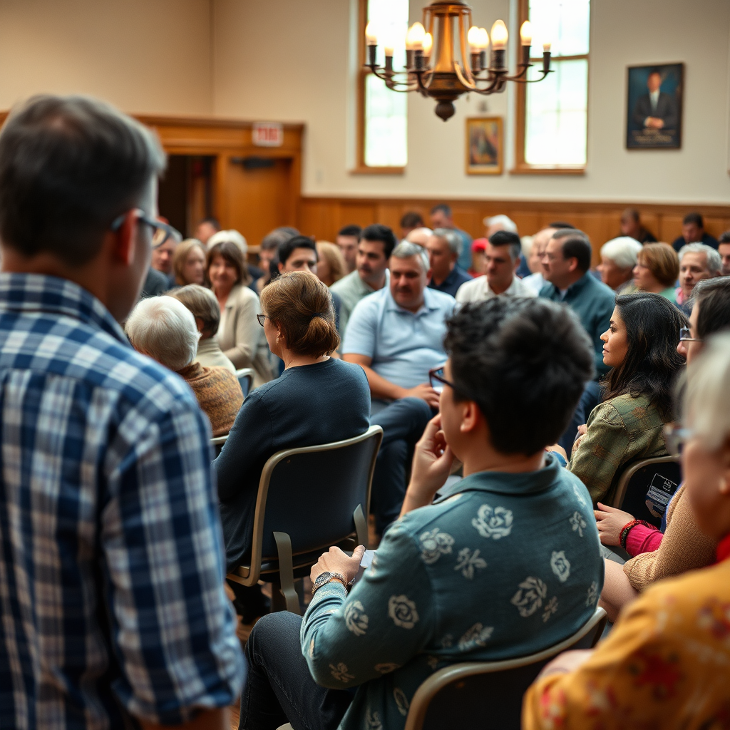 A well-attended neighborhood meeting in a community hall. People are actively listening, speaking, and engaging in discussion. The atmosphere is respectful and collaborative. Focus on capturing the diversity and engagement of the participants. Photorealistic style, 4k resolution.
