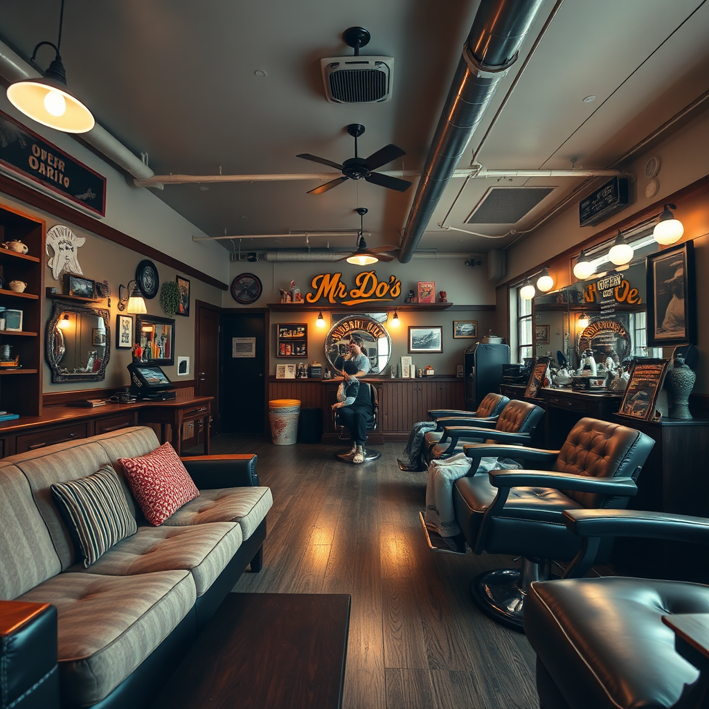 A wide shot of Mr. Do's Barbershop interior, showing comfortable seating, vintage décor, and a relaxed atmosphere. Soft lighting and classic barbering elements. Style: Nostalgic, inviting, creating a sense of community. Camera angle: Eye-level perspective. Color palette: Warm and earthy tones with subtle pops of color. 4k resolution.