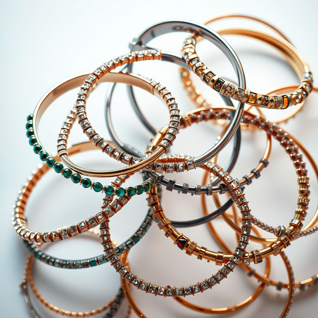 An artful arrangement of bracelets and bangles, showcasing a variety of styles and materials. The composition should be dynamic, with the bracelets overlapping and intertwining to create a visually interesting pattern. The lighting should be soft and diffused, highlighting the texture and shine of the metal and gemstones. The color palette should be vibrant and diverse, reflecting the range of styles available. The background should be neutral, allowing the bracelets to stand out. The style should evoke a sense of luxury and sophistication. Technical specs: 4K resolution, photorealistic.