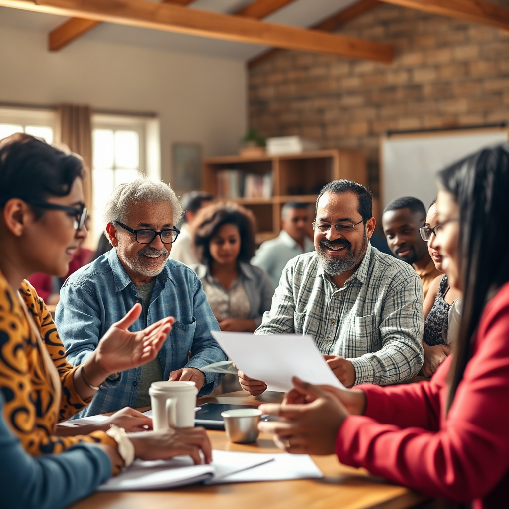 An empowering image of residents participating in a community workshop or training session. They are learning new skills, sharing ideas, and working together to address local challenges. The lighting should be bright and inspiring, conveying a sense of hope and possibility. Focus on the active participation and engagement of the residents. The camera angle should be a medium shot, capturing the energy and enthusiasm of the participants. Hyperrealistic rendering of the people and workshop materials.