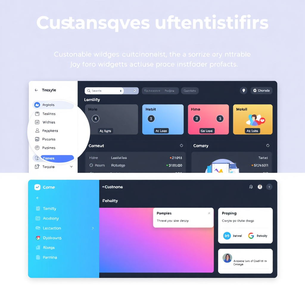 An image illustrating a dashboard interface with customizable widgets and layout options. The design is clean and user-friendly, emphasizing flexibility and control. Style: User interface customization.