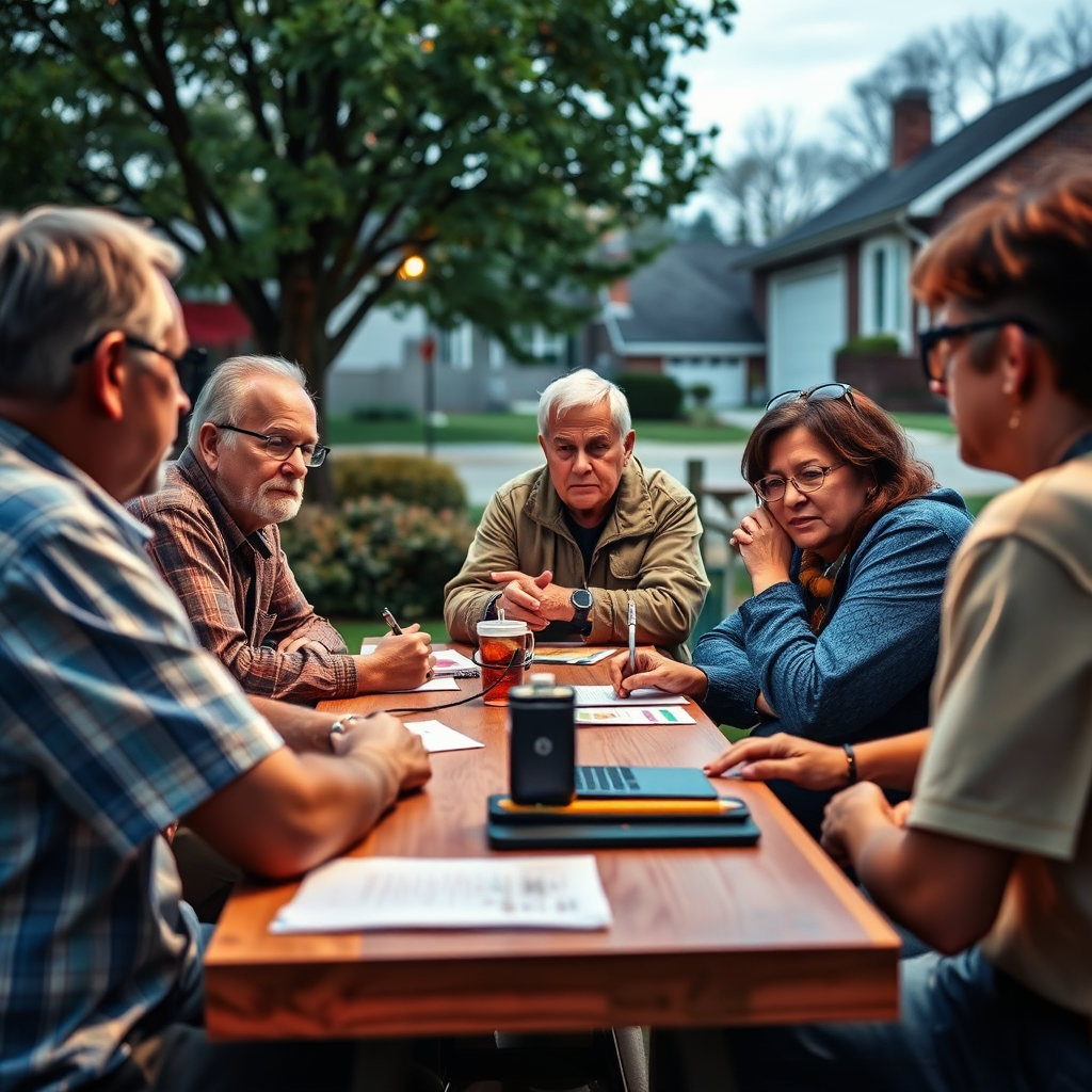 An image of neighbors participating in a neighborhood watch meeting, discussing safety tips and community concerns. The atmosphere should be serious but collaborative.