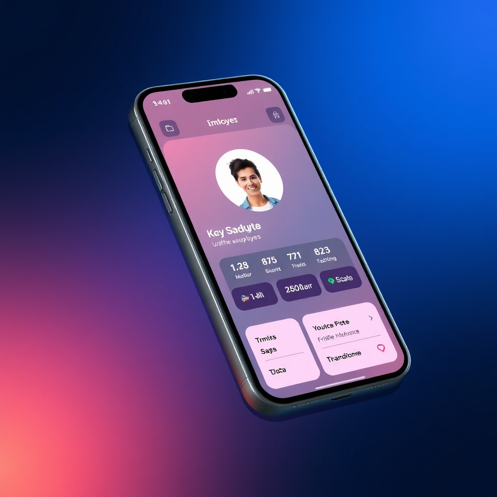 An image showing a mobile app interface displaying a personalized profile with key employee stats. The design is clean and intuitive, showing a headshot and relevant data. Add soft lighting and color gradients for a modern look. Style: Minimalistic and modern app interface.