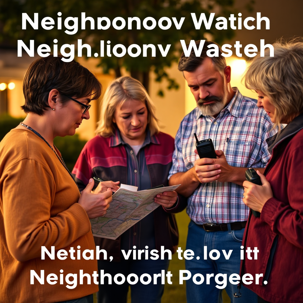An image showing neighbors collaborating in a Neighborhood Watch program, reviewing a map and communicating via radios. Focus on trust and community cooperation with soft, reassuring lighting.
