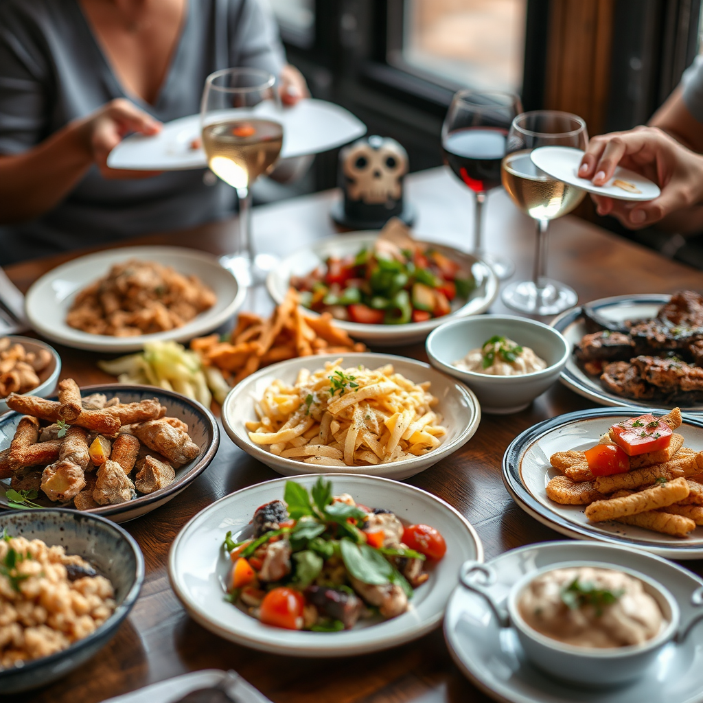 Capture a close-up shot of a diverse array of dishes from local restaurants, artfully arranged on a table. Focus on the vibrant colors and textures of the food, highlighting the unique culinary offerings of the neighborhood. Use natural lighting to create a warm and inviting atmosphere. Include elements that suggest a social gathering, such as wine glasses or shared plates. The style should be photorealistic, with a focus on capturing the details of each dish. Aim for a high-quality image with a shallow depth of field to draw the viewer's eye to the food. Consider referencing food photography styles from Bon Appétit magazine.
