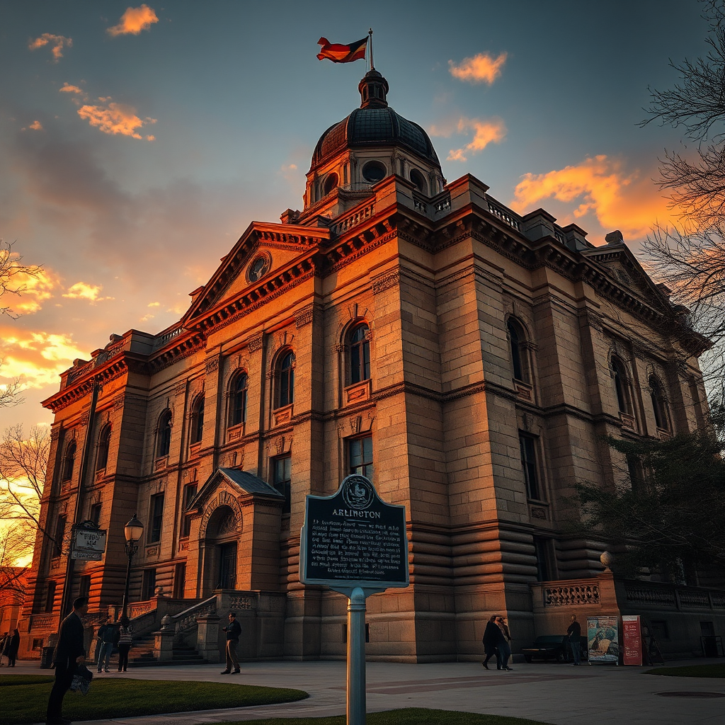 Capture a dramatic shot of a historic Arlington landmark at sunset. The building should be majestic and imposing, with intricate architectural details. The lighting should be warm and dramatic, highlighting the textures of the stone and the shadows cast by the setting sun. Include subtle details like a historical marker, a flag waving in the breeze, and people admiring the landmark. The camera angle should be slightly low to emphasize the building's grandeur. The color palette should be warm and rich, with a focus on earthy tones and the golden hues of the sunset. Render in 4K resolution with high-quality detail to capture the historical significance and architectural beauty of the landmark.