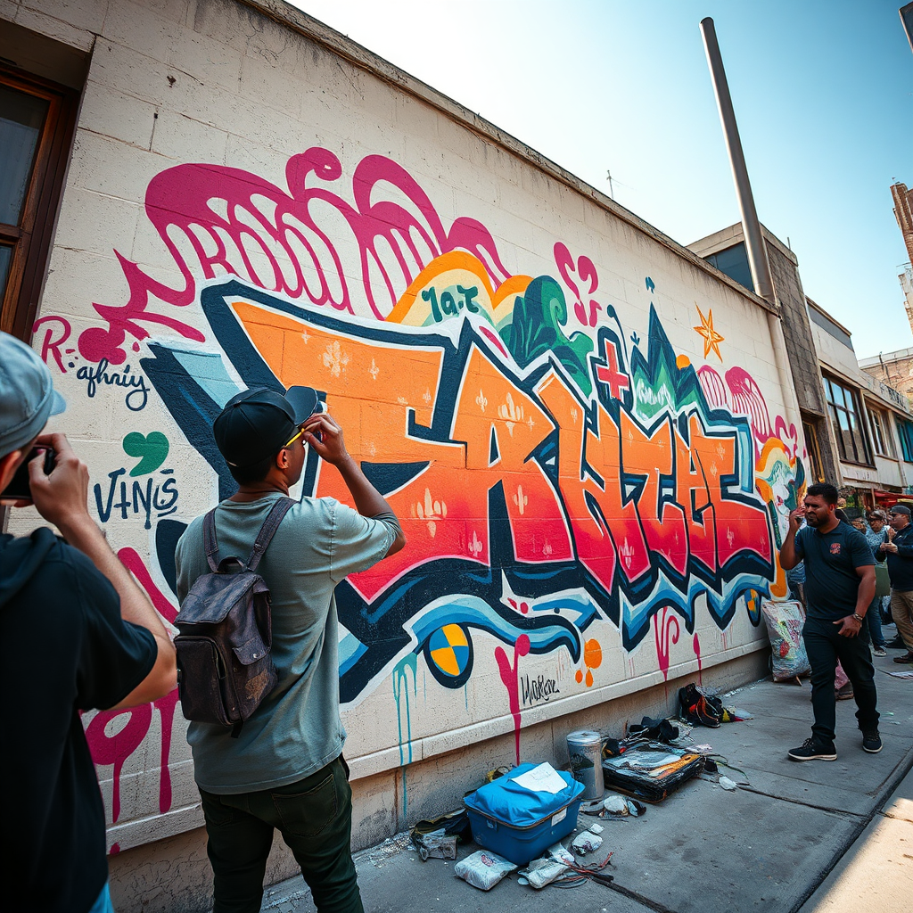 Capture a dynamic image of a street artist creating a mural on a building wall. Focus on the artist's passion and creativity, the vibrant colors of the artwork, and the surrounding urban environment. Use natural lighting to create a sense of energy and excitement. Include elements that suggest a sense of community engagement, such as people watching the artist at work or taking photos of the mural. The style should be photorealistic, with a focus on capturing the authenticity of the scene. Aim for a high-quality image with a wide-angle lens to capture the full scope of the mural and the surrounding environment.