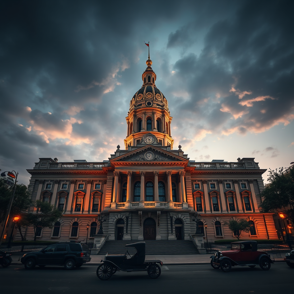 Capture a majestic image of a historic building or monument in your neighborhood. Focus on the architectural details, the historical significance, and the surrounding environment. Use dramatic lighting to create a sense of awe and respect. Include elements that suggest a sense of history, such as period clothing or vintage vehicles. The style should be photorealistic, with a focus on capturing the grandeur and beauty of the landmark. Aim for a high-quality image with a wide-angle lens to capture the full scope of the building and its surroundings.