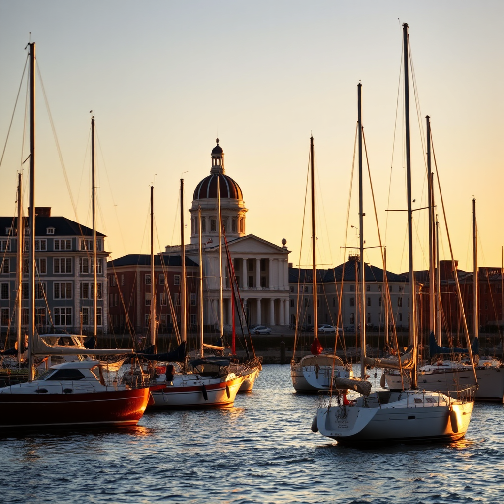 Capture a photorealistic image of Annapolis harbor at sunset. Focus on the historic sailboats gently bobbing in the water with the Maryland State House dome silhouetted in the background. Use warm, golden lighting to highlight the architectural details and create a sense of timeless beauty. The image should be high resolution, showcasing the intricate details of the boats and buildings. Aim for a classic, picturesque composition that evokes a sense of history and tranquility.