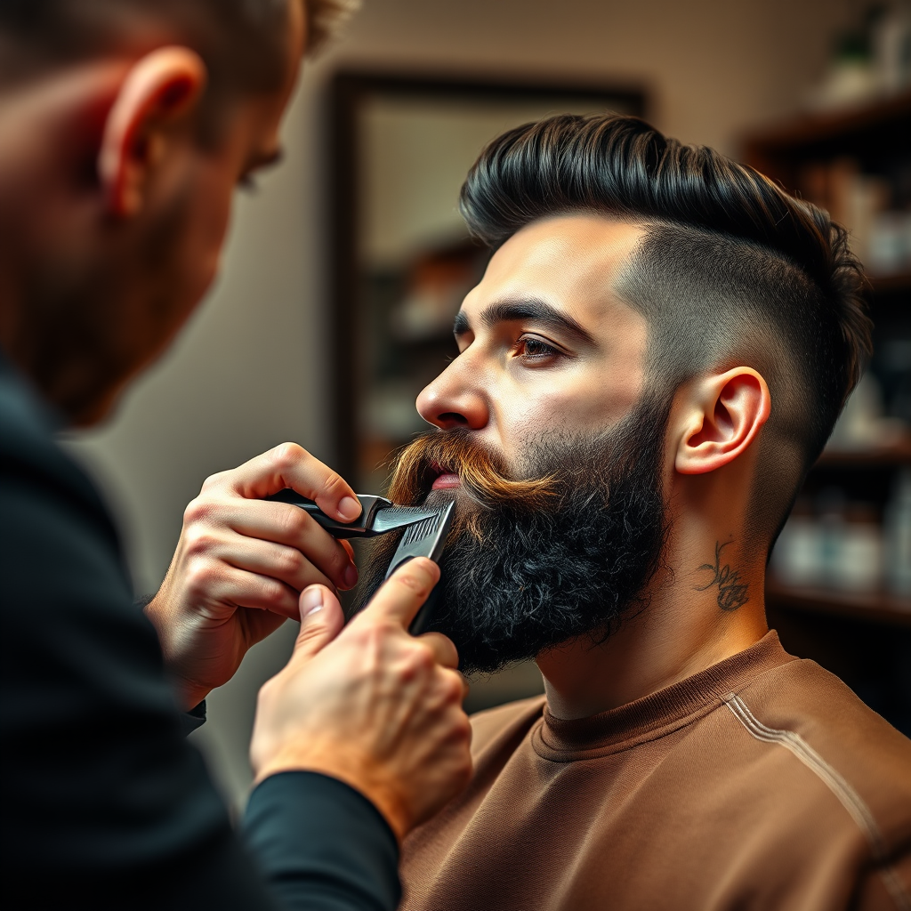 Capture a stylish image of a barber meticulously trimming and shaping a client's beard. The client should look relaxed and confident. The barber uses high-quality tools and grooming products. Lighting: soft and diffused, highlighting the texture and shape of the beard. Style: modern and sophisticated, with a focus on masculine elegance. Color palette: warm and inviting, with rich browns and creams. 4k resolution.