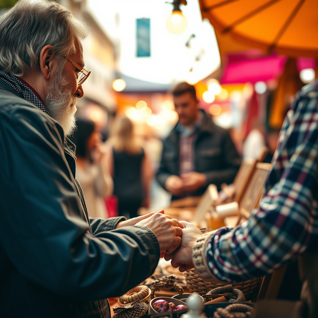 Capture a vibrant, close-up shot of a local artisan displaying their handcrafted goods at a neighborhood market. Focus on the intricate details of the artisan's work and the genuine interaction between them and a customer. The background should be slightly blurred, showcasing the bustling atmosphere of the market. Use warm, inviting lighting to highlight the colors and textures of the products. Camera angle: slightly low, emphasizing the artisan's dedication and the quality of their craft. The overall feeling should be one of discovery and appreciation for local talent.