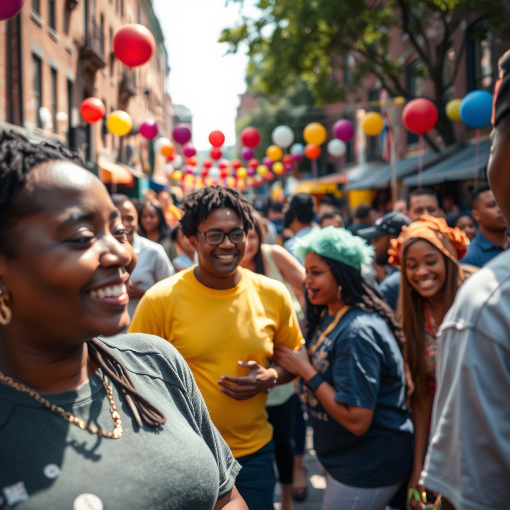 Capture an image of a vibrant block party in Collington Square. Focus on smiling faces, colorful decorations, and engaging activities like live music or games. Lighting should be bright and festive, with a wide-angle shot capturing the energy of the crowd. The image should convey a sense of joy and community unity.