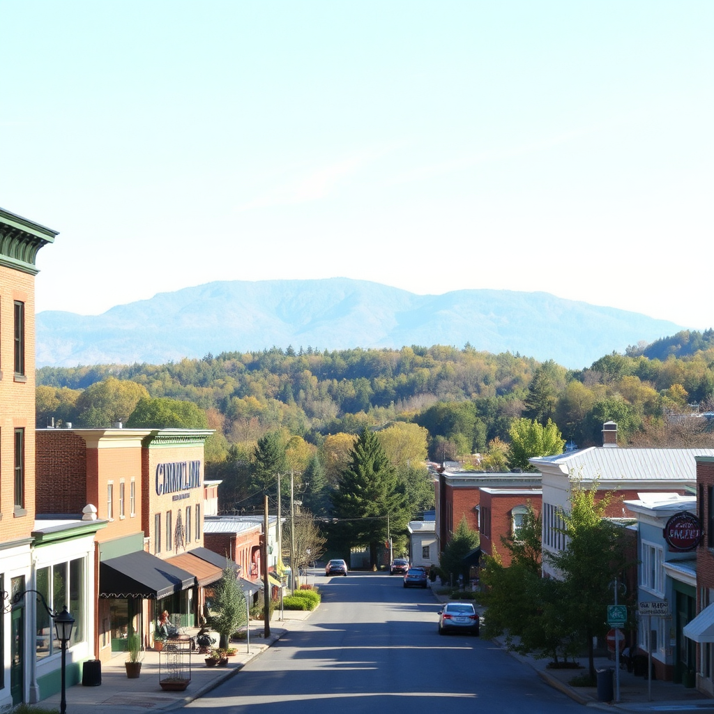Capture an image of Cumberland nestled within the Appalachian Mountains. Showcase the historic downtown area with its unique architecture and scenic views of the surrounding mountains. Use a clear, crisp day to highlight the natural beauty. The color palette should include earthy tones and vibrant greens. The overall image should convey a sense of adventure and tranquility.