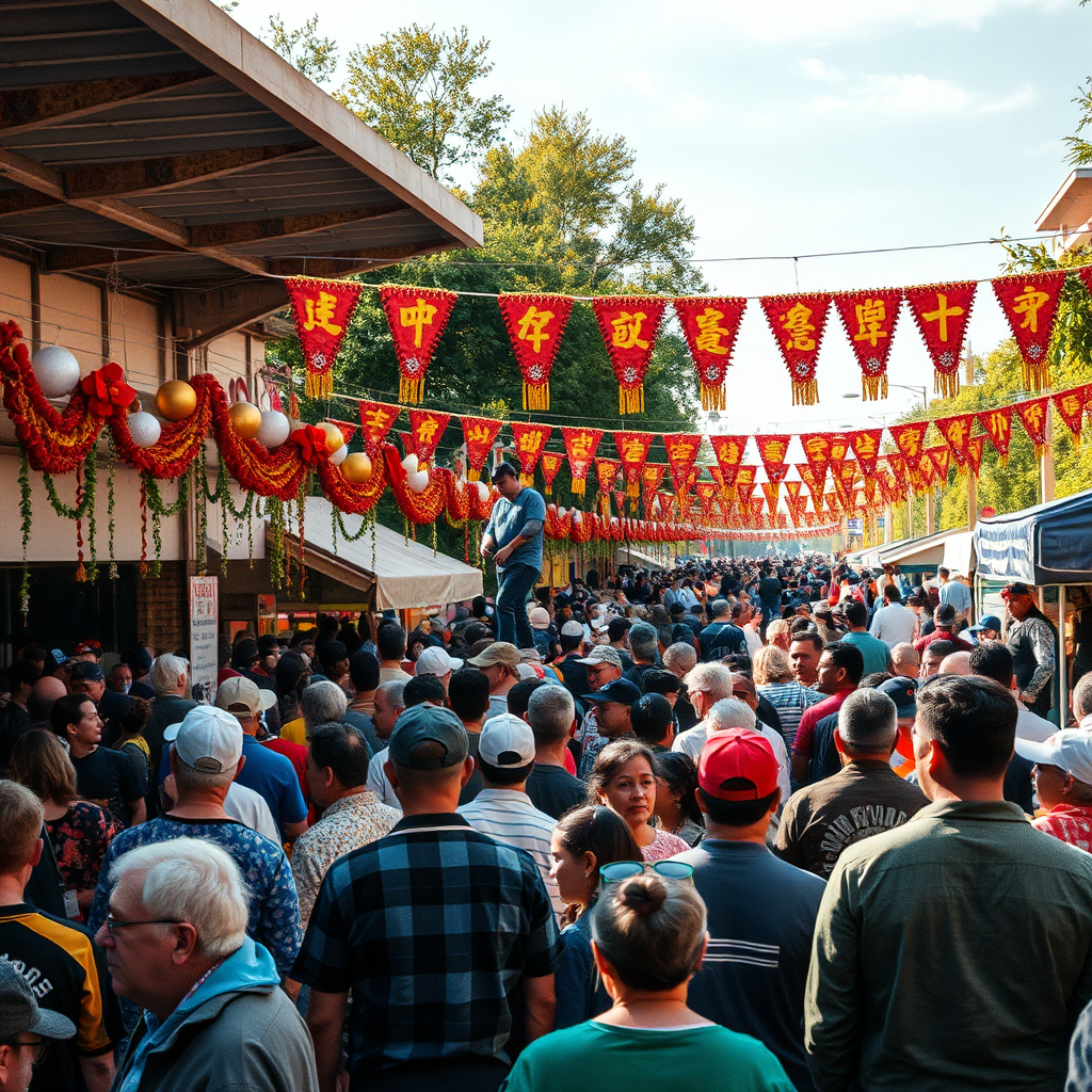 Capture an image showcasing a community event in full swing. Focus on the energy and excitement of the crowd, the vibrant colors of the decorations, and the overall sense of community. Use a dynamic composition to capture the movement and activity of the event. The style should be photorealistic, with a focus on capturing the authenticity of the scene. Aim for a high-quality image with a wide-angle lens to capture the full scope of the event.