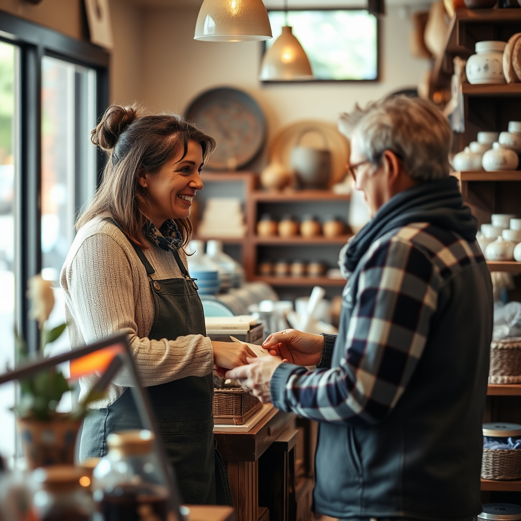 Capture an image showcasing a customer making a purchase at a local shop. Focus on the interaction between the customer and the shop owner, highlighting the personalized service and unique offerings. The setting should be warm and inviting, with a focus on the details of the shop's interior. Use natural lighting to create a comfortable and welcoming atmosphere. The style should be photorealistic, with a focus on capturing the authenticity of the scene. Aim for a high-quality image with a shallow depth of field to draw the viewer's eye to the interaction between the customer and the shop owner.