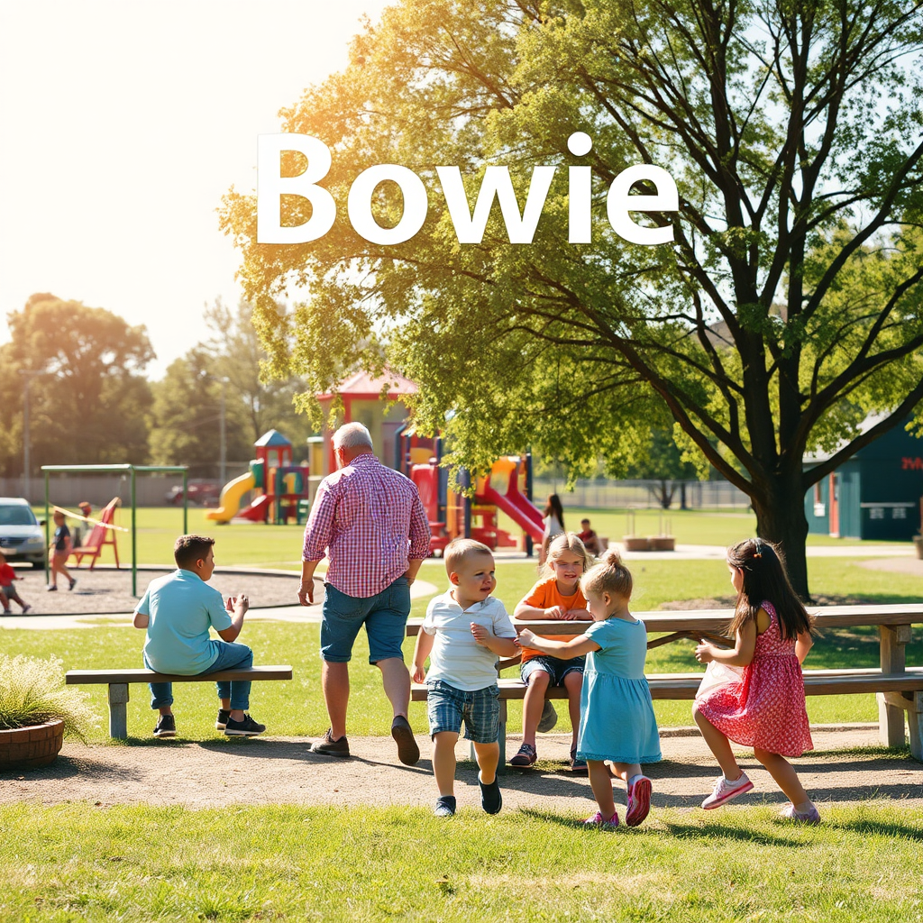 Capture an image showcasing the family-friendly atmosphere of Bowie. Focus on a park or recreational area with families enjoying outdoor activities. Use a warm, sunny day to create a welcoming atmosphere. The color palette should be bright and cheerful. Include elements like playgrounds, sports fields, and picnic areas to highlight the recreational opportunities.