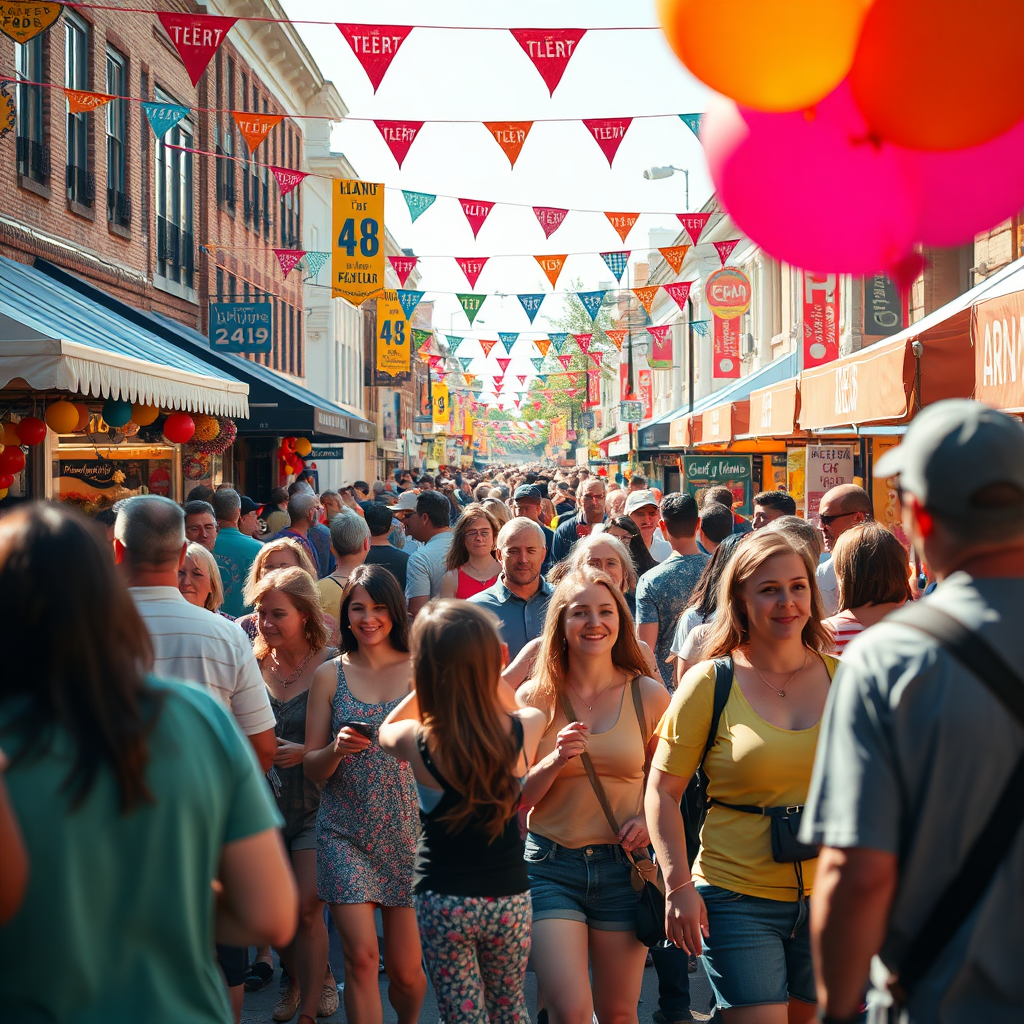 Capture the energy and excitement of an Arlington community festival. Focus on a bustling scene with people of all ages enjoying live music, food stalls, and craft vendors. The lighting should be dynamic and vibrant, highlighting the colorful decorations and the enthusiastic expressions of the attendees. Include subtle details like balloons, banners, and street performers. The camera angle should be slightly elevated to showcase the scale of the festival. The color palette should be bright and cheerful, with a focus on primary colors and festive decorations. Render in 4K resolution with high-quality detail to capture the lively atmosphere of the festival.