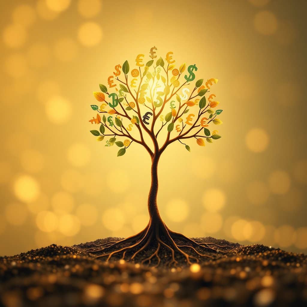 Create a 4K resolution, high-quality image representing The Accounting Alliance's mission. The image should feature a stylized representation of a tree, its roots firmly grounded in financial data (represented by subtle graphs and charts), and its branches reaching upwards towards a bright, optimistic sky. The leaves of the tree should be shaped like currency symbols from various countries. The color palette should be warm and inviting, using gold, green, and earthy tones. The lighting should be soft and diffused, creating a sense of growth and stability. The camera angle should be slightly elevated, providing a wide view of the tree and its surroundings. The style should be modern and abstract, conveying a sense of prosperity and growth. Minimalist background with bokeh effect and high detail texture throughout.