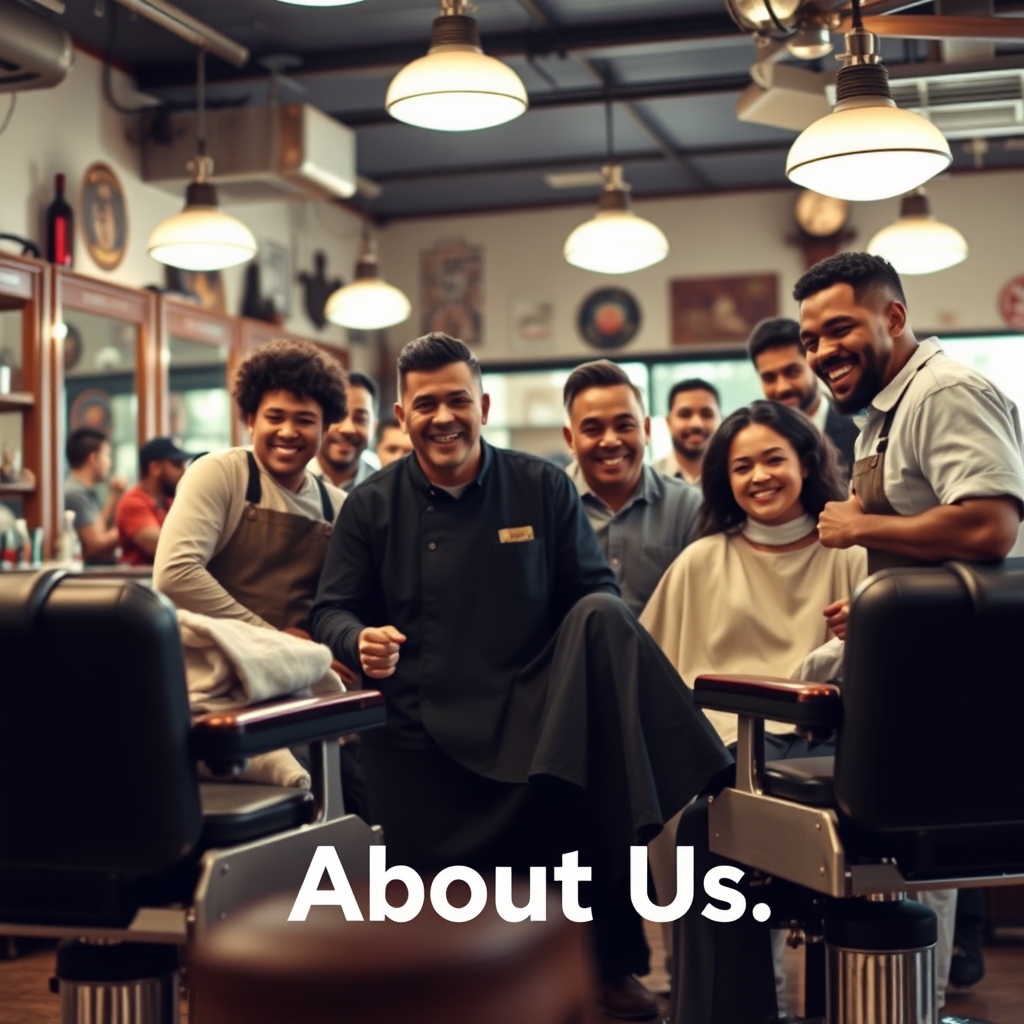 Create a 4K resolution image for the "About Us" section of The Barbershop Alliance website. The image should depict a diverse group of barbers and clients interacting warmly in the barbershop. Focus on capturing candid moments of connection and camaraderie. The barbers should be skilled and professional, while the clients should appear relaxed and satisfied. The background should feature the barbershop's interior, showcasing its vintage decor and inviting atmosphere. The color palette should be warm and inviting, with a focus on natural light and earthy tones. The camera angle should be slightly wide, capturing the entire scene and emphasizing the barbershop's sense of community. The overall style should be authentic and approachable, reflecting the company's commitment to customer service and quality. Texture details are important, such as the texture of the barber chairs, the softness of the towels, and the smiles on the faces of the barbers and clients. Reference classic, yet modern barbershop aesthetics.